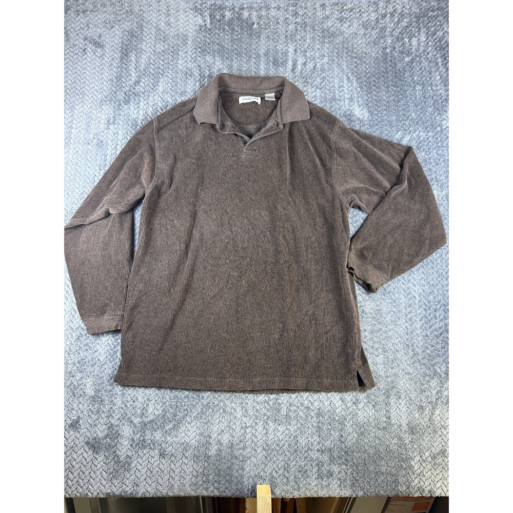 Chereskin Polo Sweater Mens Large Brown Knitted Ribbed Long Sleeve Side Slit